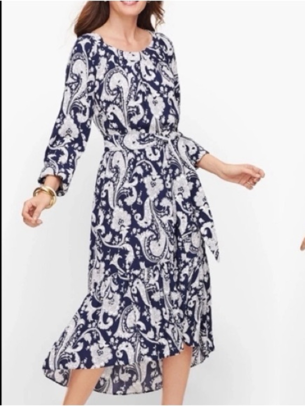 Talbots Boho Tiered Paisley High Low Midi Dress  Blue Long Sleeves size M